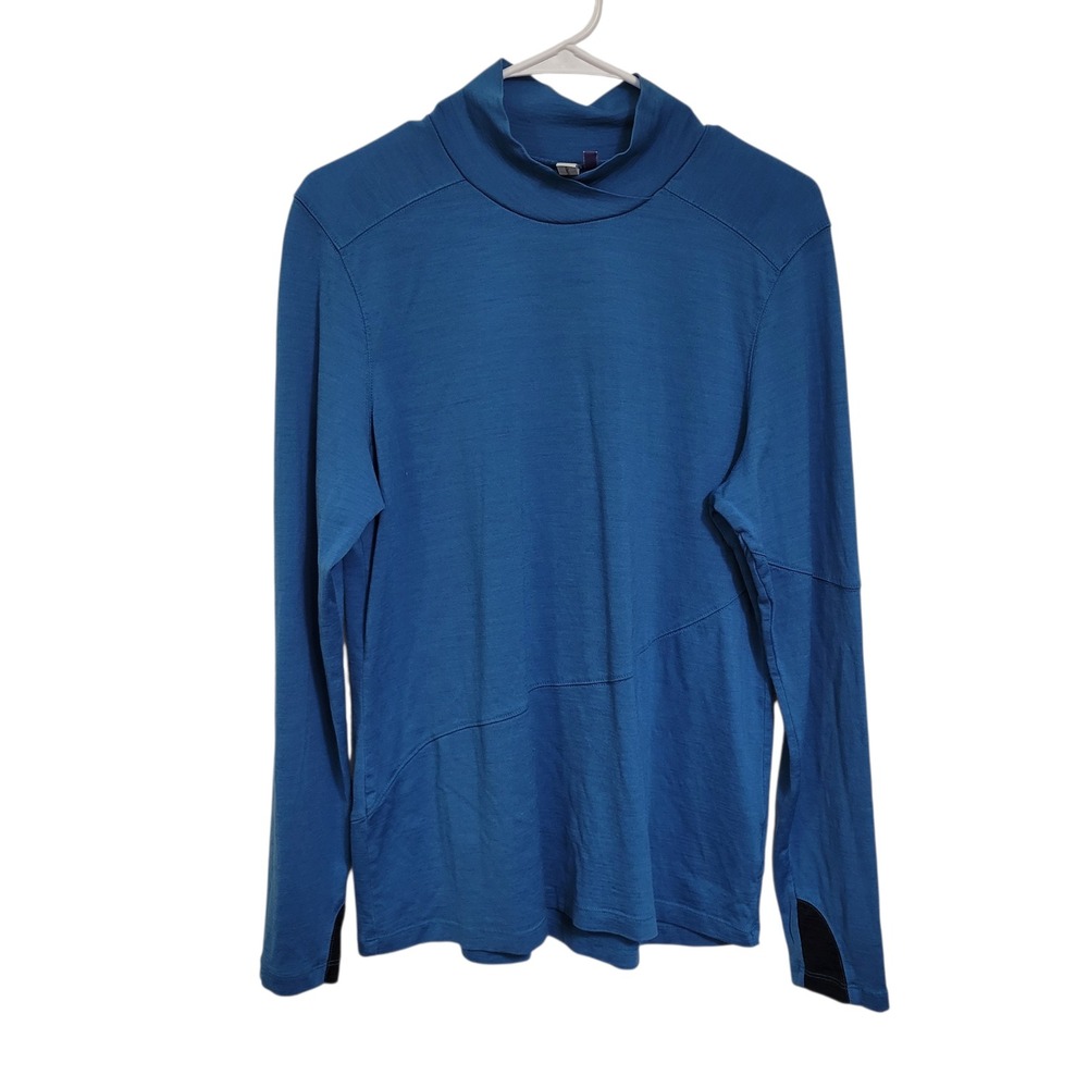 Ibex Womens XL 100% Merino Wool Mock Neck Long Sleeve Top Blue Base Layer USA